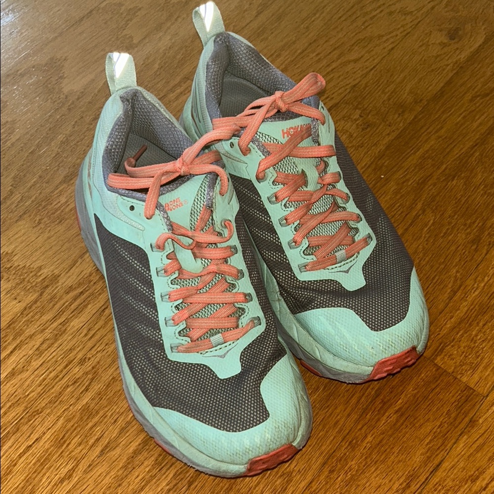 Hoka Challenger ATR 5 Trail Running  Shoes Green and coral Cushioned Sole